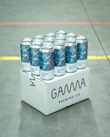 12-pack of Gamma Brewing's Big Doink double IPA beer with an abstract design, presented on top of a gamma shipping box