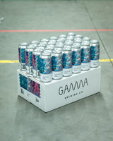 24 Gamma Brewing's Big Doink double IPA beers with an abstract design, presented on top of a gamma shipping box.