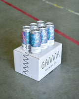6-pack of Gamma Brewing's Big Doink double IPA beer with an abstract design, presented on top of a gamma shipping box